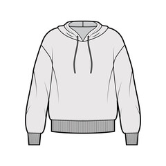 Hoody sweatshirt technical fashion illustration with long sleeves, oversized body, banded hem, drawstring. Flat large apparel template front, grey color style. Women, men, unisex CAD mockup
