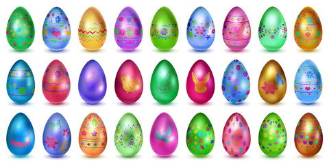 Big set of realistic Easter eggs in various colors with holiday symbols, glares and shadows on white background