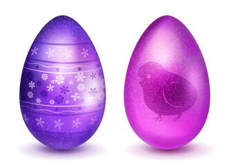 Two realistic Easter eggs with different surface texture, patterns and holiday symbols in purple colors. With shadows on white background