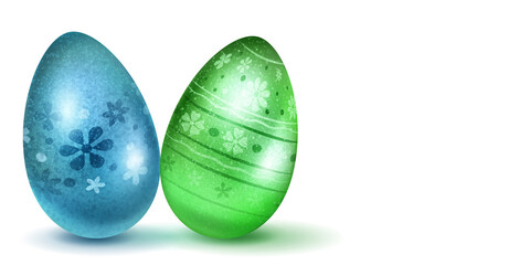 Two realistic Easter eggs with different surface texture, patterns and holiday symbols in light blue and green colors. With shadows on white background