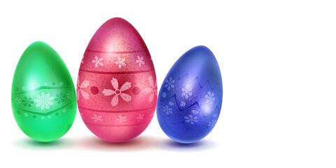 Three realistic Easter eggs with different surface texture, patterns and holiday symbols in red, blue and green colors. With shadows on white background