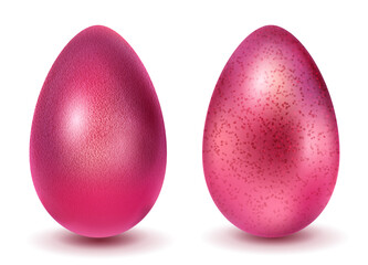 Two realistic Easter eggs with different surface texture in red colors. With shadow on white background