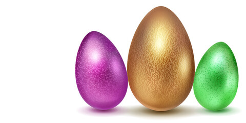 Three realistic Easter eggs with different surface texture in golden, purple and green colors. With shadow on white background
