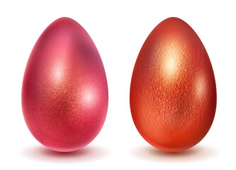 Two realistic Easter eggs with different surface texture in red colors. With shadow on white background