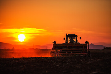 Fototapeta premium Beautiful sunset, farmer in tractor preparing land with seedbed cultivator
