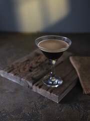 Glass of espresso on the table (top view)