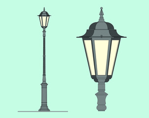 Classic street lamp. Outdoor lighting of the city. Urban design. Design of parks and squares. Garden lamps. Modern architecture. Luxury landscape design. Lamp post project. Industrial sketch. Vector.