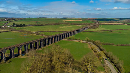 An aerial view towards the western section of the Harringworth railway viaduct, the longest masonary viaduct in the UK