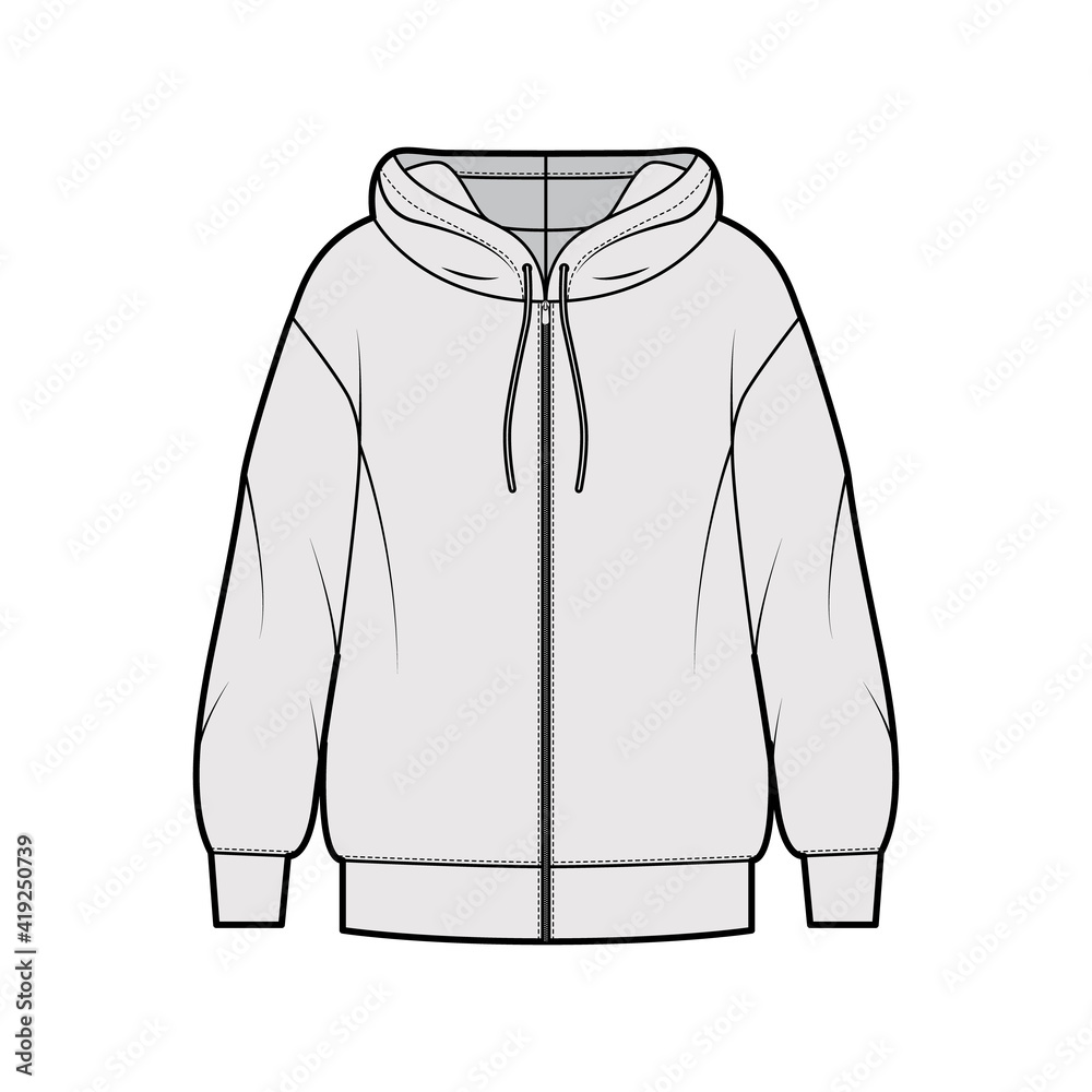 Wall mural Zip-up Hoody sweatshirt technical fashion illustration with long sleeves, oversized body, banded hem, drawstring. Flat apparel template front, grey color style. Women, men, unisex CAD mockup - Wall murals