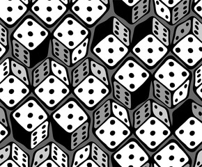 Doodle seamless pattern with black and white outline cubes for board game. Repeated dice isolated on white background. Perfect for game decor of children's playroom, textiles, packaging. Stay home.