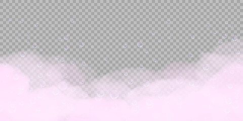 Pink bath foam with bubbles isolated on transparent background. Realistic soap lather texture. Vector illustration of shampoo, gel or mousse suds overlay effect