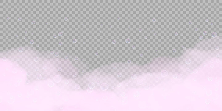 Pink bath foam with bubbles isolated on transparent background. Realistic soap lather texture. Vector illustration of shampoo, gel or mousse suds overlay effect