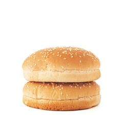 Stacked hamburger bun with salad seeds isolated on white background