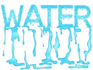 Lettering dripping word Water blue color with drips. Vector illustration isolated on white background. Font design in hand drawn style. Words for print, banners, posters, books, icon, stickers.