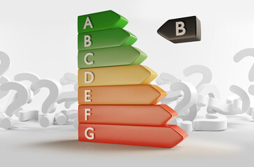 question marks and Energy-Label from A to G from green to red 3d-illustration