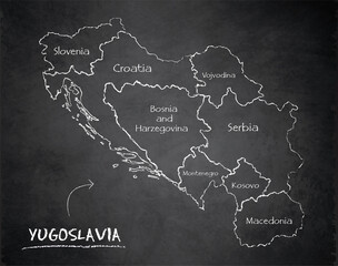 Yugoslavia map administrative division, separates regions and names individual region, design card blackboard chalkboard vector