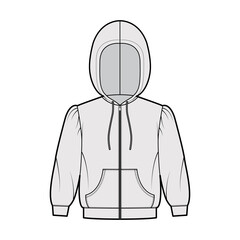 Zip-up Hoody sweatshirt technical fashion illustration with elbow sleeves, relax body, kangaroo pouch, banded hem, drawstring. Flat apparel template front, grey color. Women, men, unisex CAD mockup