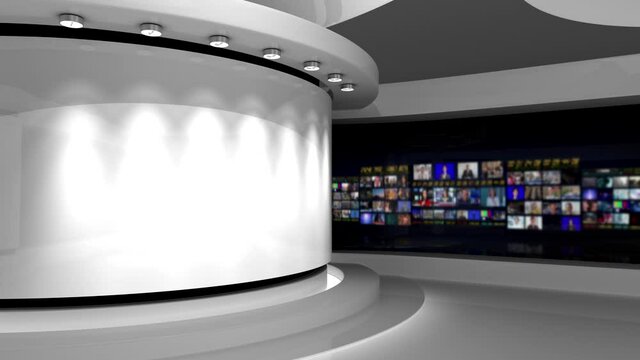 TV studio. Loop animation. Control room. White studio. White background. Backdrop for any green screen or chroma key video production. 3d render. 3d
