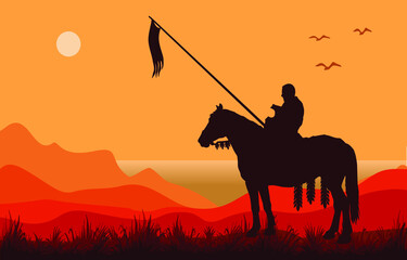 Fototapeta na wymiar Dark silhouette of medieval knight on horseback, against the sky