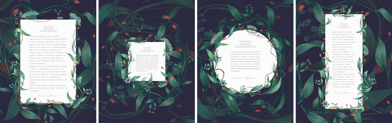 Vector floral background. Postcard with text, branches, foliage and flowers on dark background. Poster, invitation, postcard or cover.