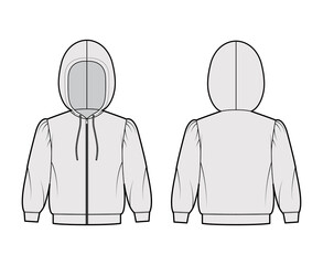 Zip-up Hoody sweatshirt technical fashion illustration with elbow sleeves, relax body, banded hem, drawstring. Flat small apparel template front, back, grey color style. Women, men, unisex CAD mockup