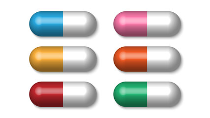 Realistic colorful medical pills, tablets, capsules isolated on white background, vector illustration