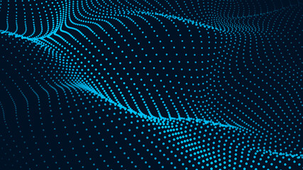 Obraz premium Wave of particles on dark background. Technology backdrop. Pattern for presentations. Vector illustration