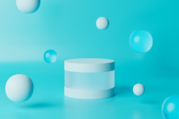 Blue cylinder stand or pedestal for products and advertising with glass spheres. 3D rendering in minimal style.