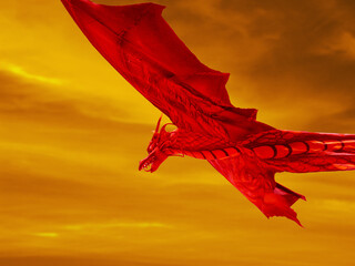 Red Dragon Flying Through A Sulphur Yellow Sky