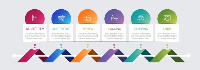 Concept of shopping process with 6 successive steps. Six colorful graphic elements. Timeline design for brochure, presentation, web site. Infographic design layout.