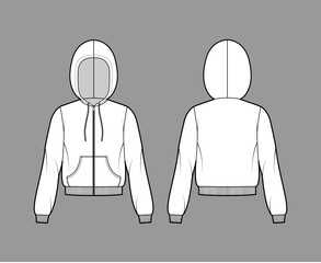 Zip-up Hoody sweatshirt technical fashion illustration with long sleeves, relax body, kangaroo pouch, knit rib cuff, banded hem. Flat template front, back, white color. Women, men, unisex CAD mockup