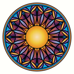Vector geometric stained glass solar mandala. Window in a Catholic church is made of colored glass