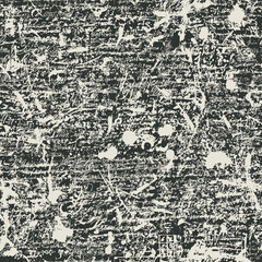 Abstract seamless pattern with scribbles, spots and imitation of handwritten text on a black backdrop. Repetitive vector background, suitable for wallpaper, wrapping paper, textiles or fabric