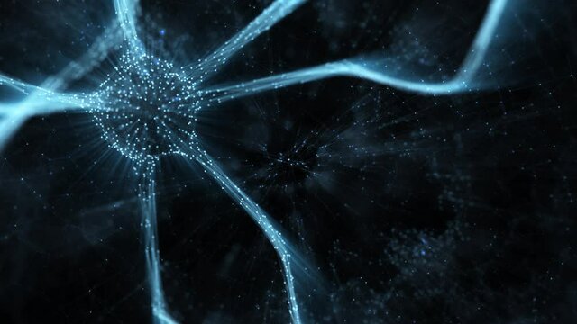 Modern glowing neuron cell on a dark copy space background animation. 