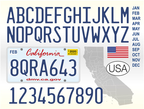 California state car license plate, letters, numbers and symbols, vector illustration, United States of America