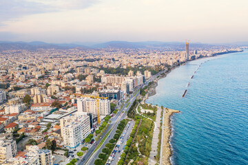 Obraz premium Molos Promenade park, aerial view. Limassol city coastline,Cyprus.