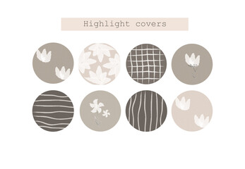 Contemporary highlight covers. Set of delicate pastel color icon with flowers and abstract background for instagram stories. Vector design