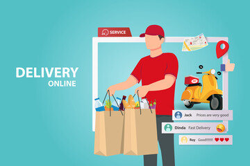 Delivery Online by scooter on mobile phone. Order package in E-commerce by app. Tracking courier by map application. Three dimensional concept. Vector 

