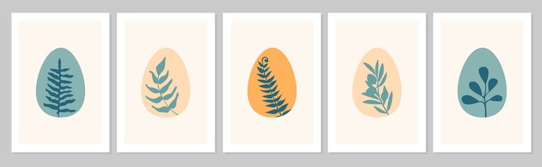 Hand drawn Easter set abstract boho poster with eggs and tropical leaf, olive tree, leaf isolated on beige background. Vector flat illustration. Design for pattern, logo, invitation, greeting card