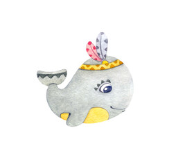 Cute cartoon whale with feathers isolated on white background.