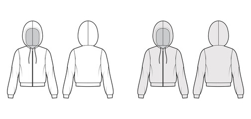 Zip-up Hoody sweatshirt technical fashion illustration with long sleeves, relax body, knit rib cuff, banded hem, drawstring. Flat template front, back, white, grey color. Women, men, unisex CAD mockup