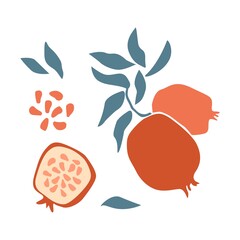 Set of fresh fruit red pomegranate with green leaf, seed in hand drawing style isolated on white background. Vector flat illustration. Design for textiles, labels, posters, card