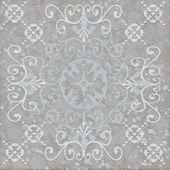 Art vintage modern and trendy chic elegance print or weave pattern design for carpet, rug. The colors are blue and beige. Oramental elements.