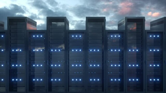 Cloud computing and computer networking concept: rows of network servers against blue sky with clouds