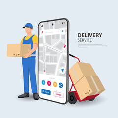 Online food delivery design. Young courier delivering box order with City map route navigation smartphone. Cartoon vector illustration.