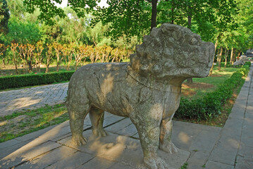 China, Nanjing, stone lion in the Sacred Way to Xiao ling Mausoleum. The place has harmony and serenity atmosphere. - 419257943