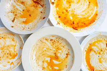 Dirty dishes on white background. Top view