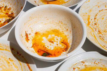 Dirty dishes on white background. Top view