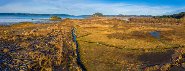 Aerial View of the Skagit Wildlife Area, South Fork of the Skagit River. The Skagit estuary contains critical habitats for waterfowl, shorebirds, fish and other aquatic species. Conway, WA.