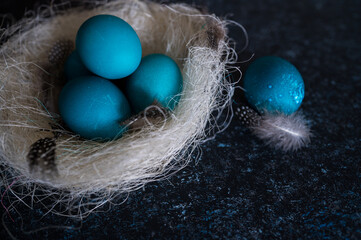 Blue Easter eggs with twigs in a decorative nest